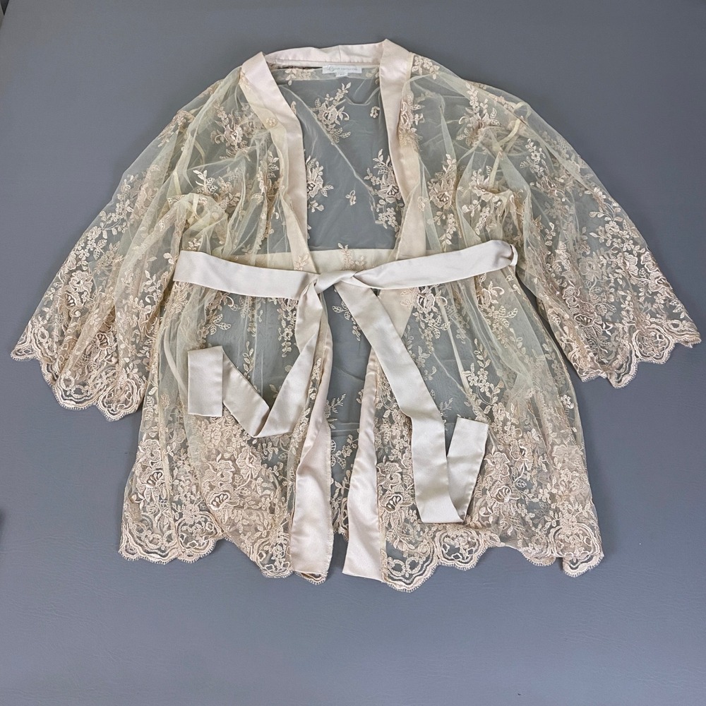 Rya Collection Lace Robe Lingerie Womens 1X Champagne Floral Sheer Mesh Belted